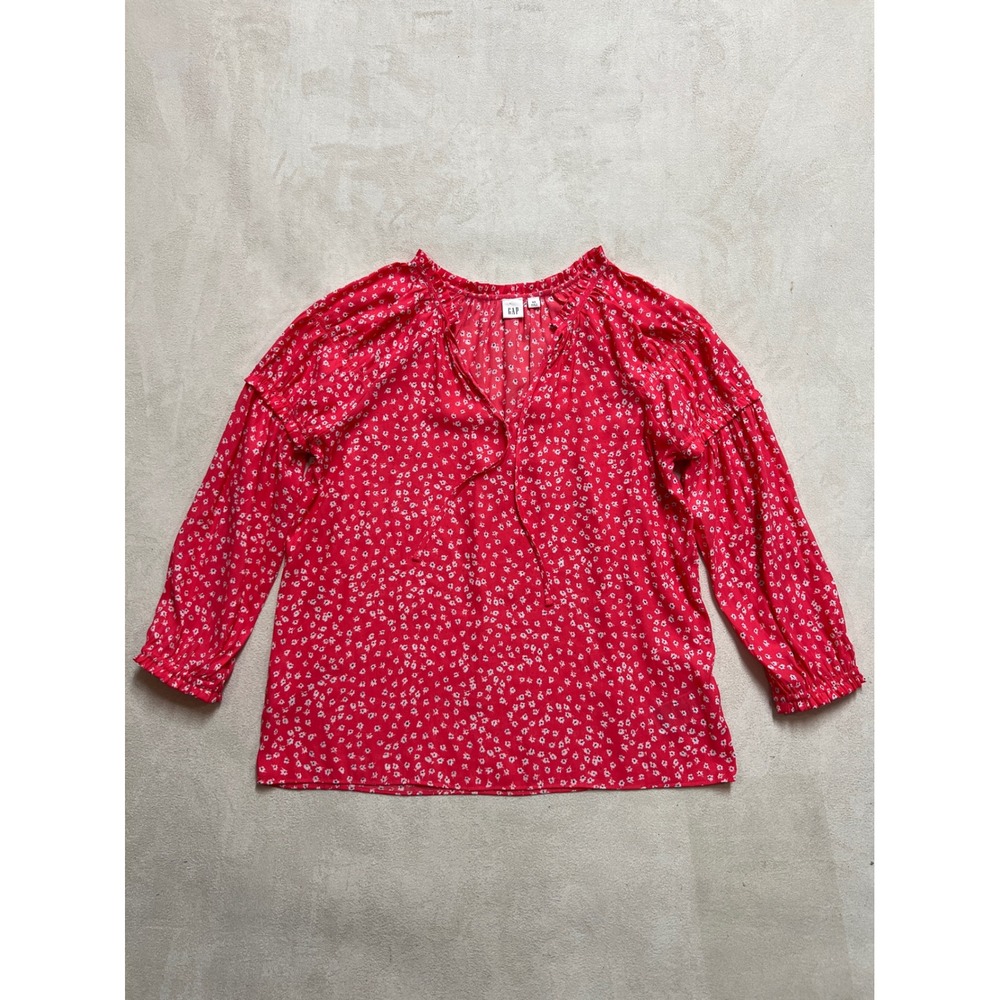 Gap Womens Coral Pink Floral Ruffle Tie Neck Blouse Long Sleeve Top XS